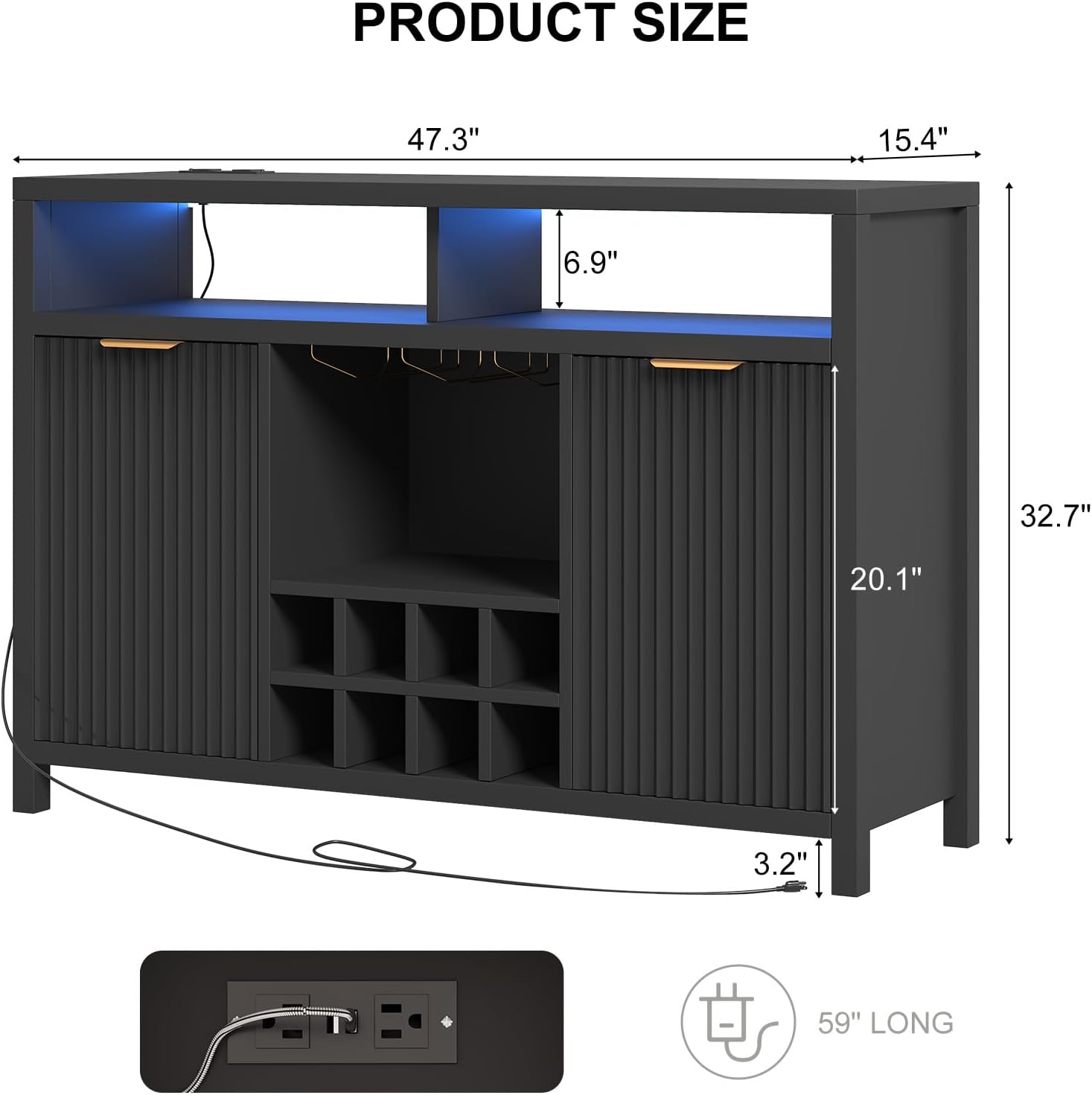 Fluted Home Bar Wine Cabinet with LED Light, Charging Station, Wine Rack - Buffet Cabinet with Storage, Coffee Bar Table, Stylish Fluted Credenza Cabinet for Modern Home Kitchen 47.2" Black - Image 2
