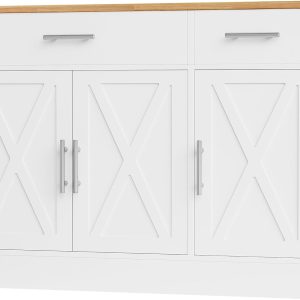 Modern Farmhouse Sideboard Buffet Cabinet with Storage with 3 Doors,42" Barn Doors Buffet Cabinet with Storage, Wood Coffee Bar Cabinets with Adjustable Shelf for Kitchen Living Room,White