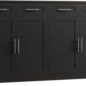 60" Large Buffet Sideboard with Storage, 36" Tall Kitchen Buffet Storage Cabinet with 4 Drawer, Modern Coffee Bar Cabinet with Silver Handle, Long Sideboard Buffet Table for Kitchen, Black