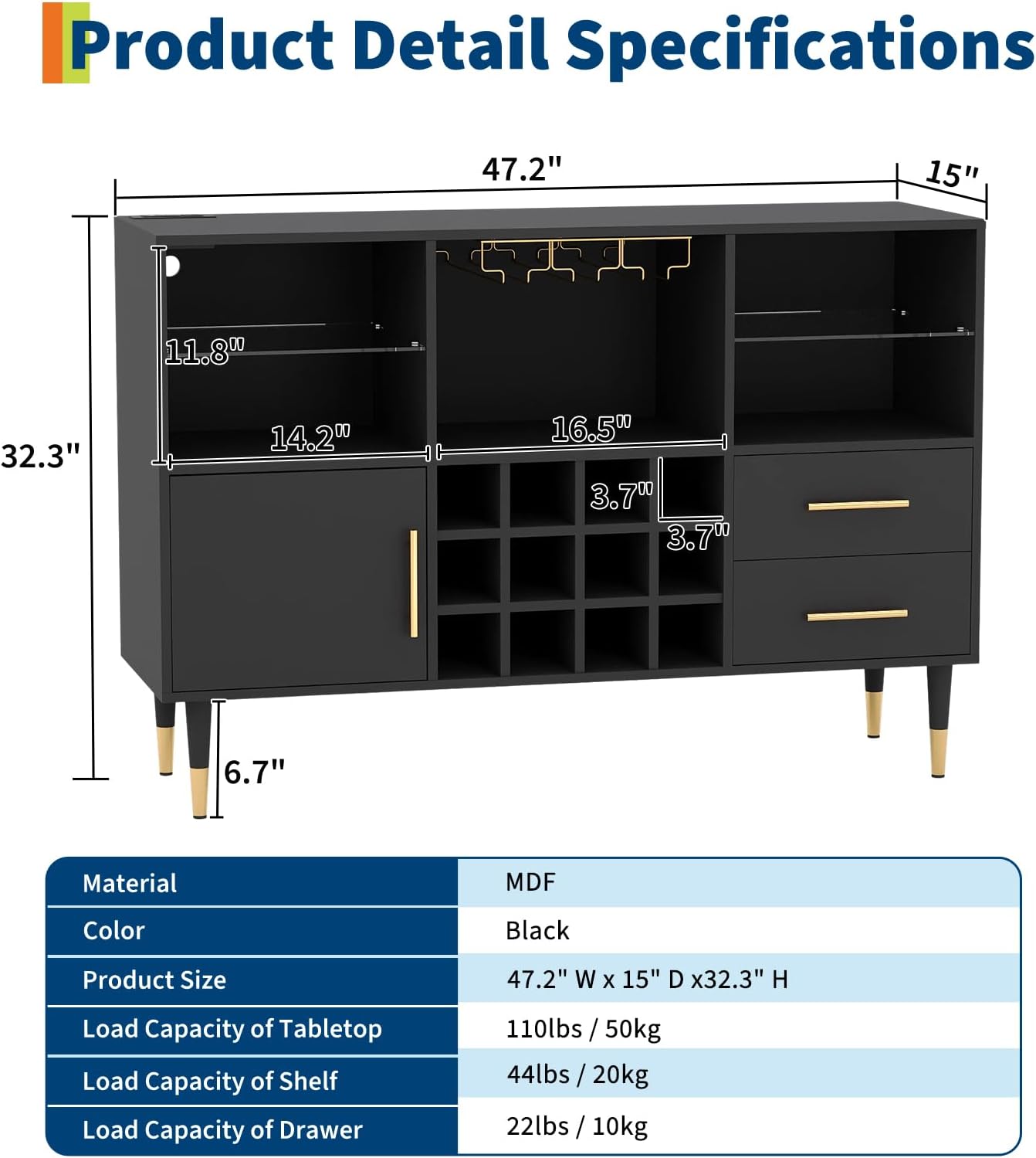 Wine Bar Cabinet with Storage, 47'' Home Coffee Bar Liquor Cabinet with Wine Rack & Glass Holder & LED Light, Kitchen Buffet Sideboard for Living Room, Dining Room - Image 2