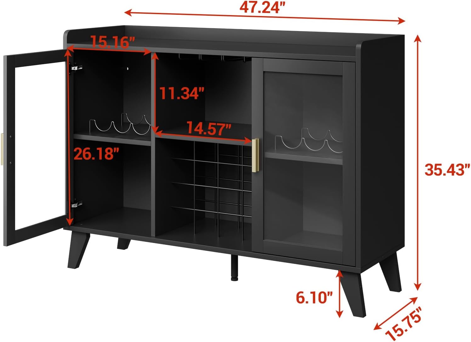 47" Wine Cabinet with LED Light, Living Room Compact Wine Bottle Storage for Home, Wine Bar Cabinet with Glasses Rack, Cabinet with Storage for Home, Kitchen, and Living Room - Image 2