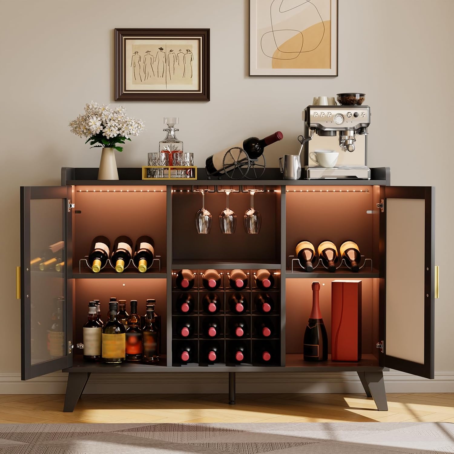47" Wine Cabinet with LED Light, Living Room Compact Wine Bottle Storage for Home, Wine Bar Cabinet with Glasses Rack, Cabinet with Storage for Home, Kitchen, and Living Room