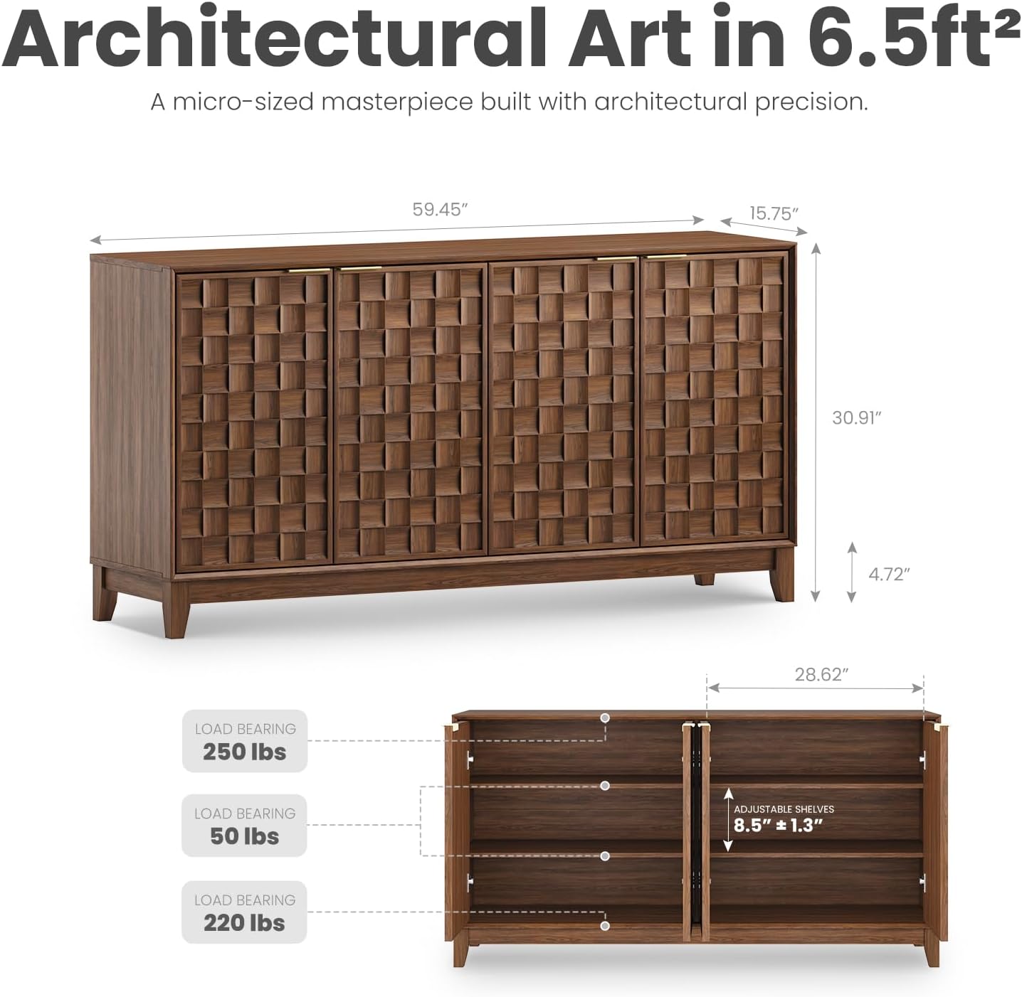 Fluted Sideboard Cabinet with Storage – Solid Wood Buffet for Dining Room, Credenza Console with Adjustable Shelves, Walnut Finish, Mid Century Modern Style,Walnut Black - Image 2