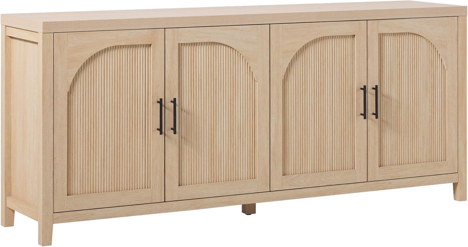 4-Door Reeded Sideboard Buffet with Cord Management, 70 Inch, Coastal Oak