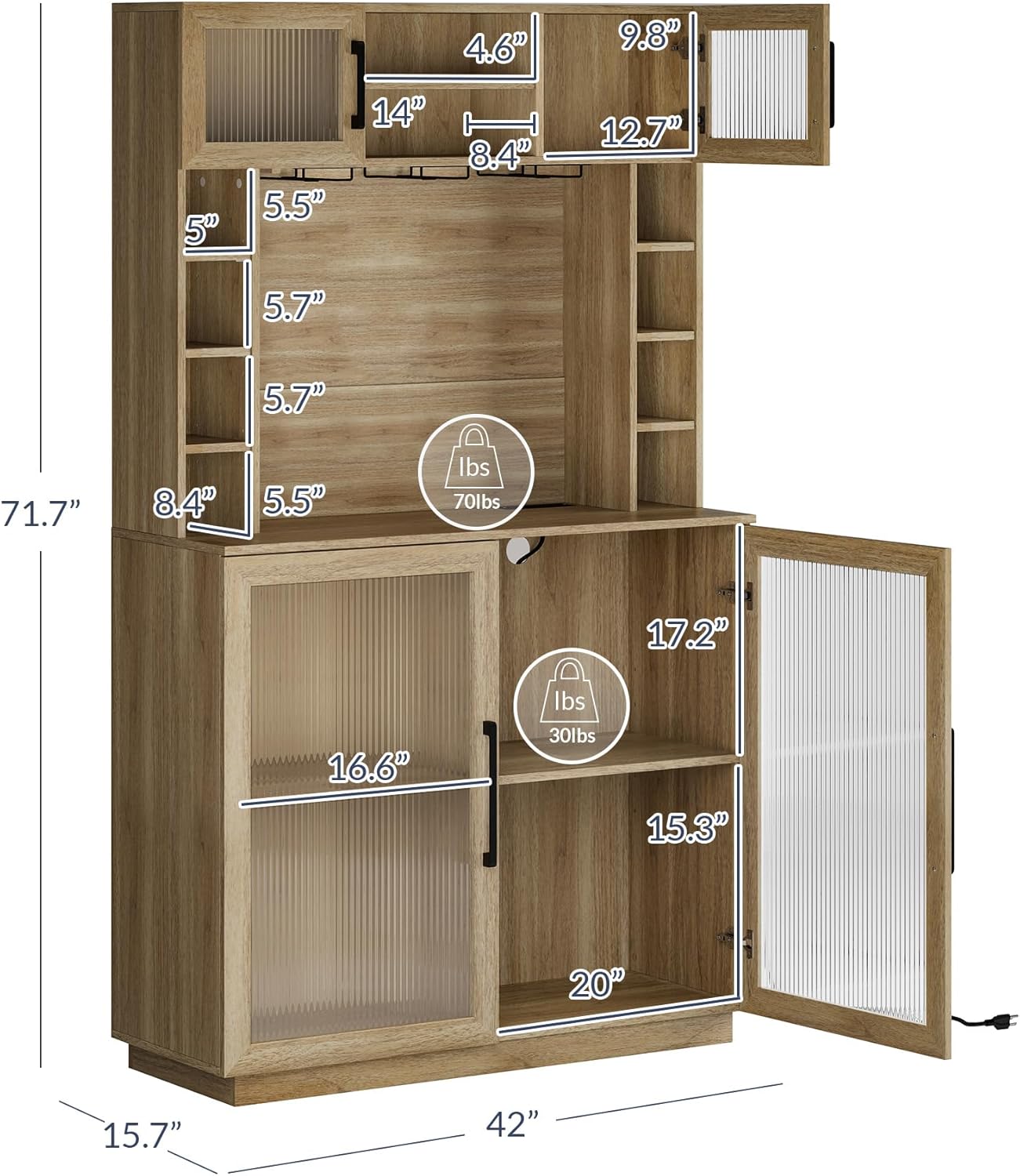Coffee Wine Bar Cabinet with Power Outlet, 72" Rustic Liquor Cabinet, Fluted Buffet Cabinet with Storage Kitchen Pantry Cupboard Wine & Glasses Rack Server with Hutch for Dining Room - Camel - Image 2