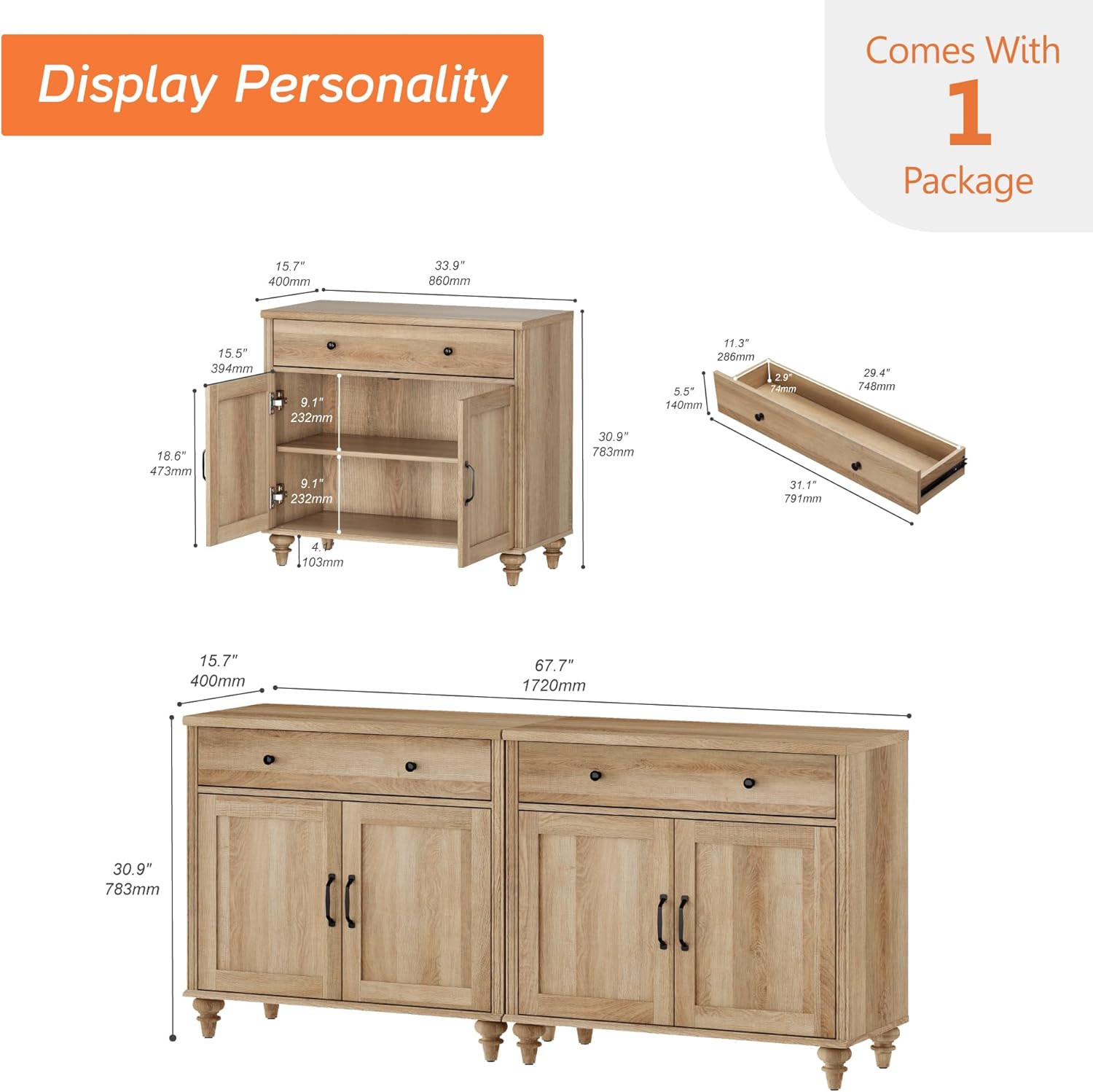 Buffet Cabinet with 4 Doors and 2 Drawers, Large Coffee Bar Table Wood Kitchen Storage Cabinets with Storage Cabinets, Modern Farmhouse Sideboard Credenza for Dining Room, Oak, 68 inch - Image 2