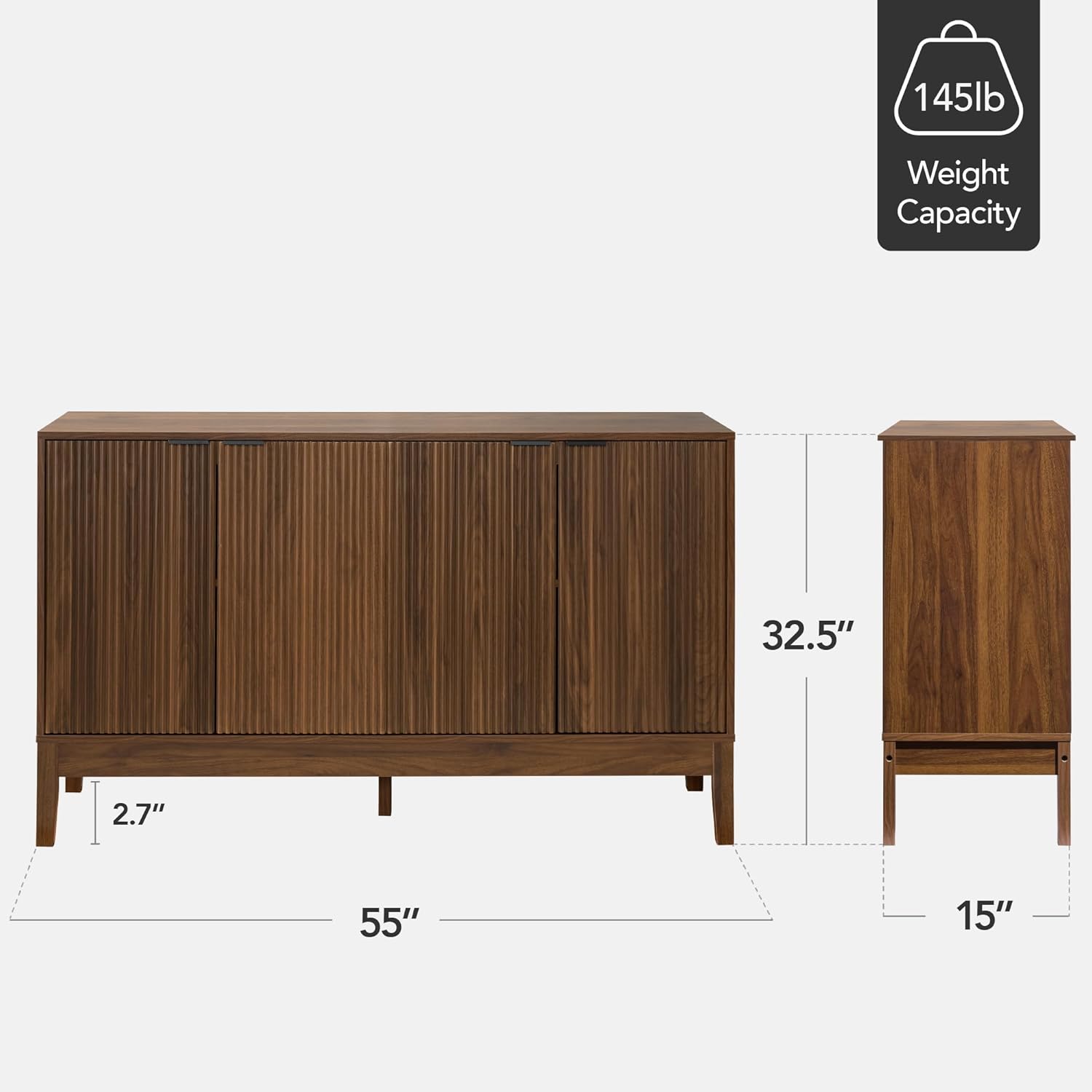 55" Modern 4-Door Sideboard Storage Cabinet, Buffet, Media Cabinet, Cupboard, Entryway Accent Table, Bookcase w/Reed Panels and Adjustable Shelves – Walnut - Image 2