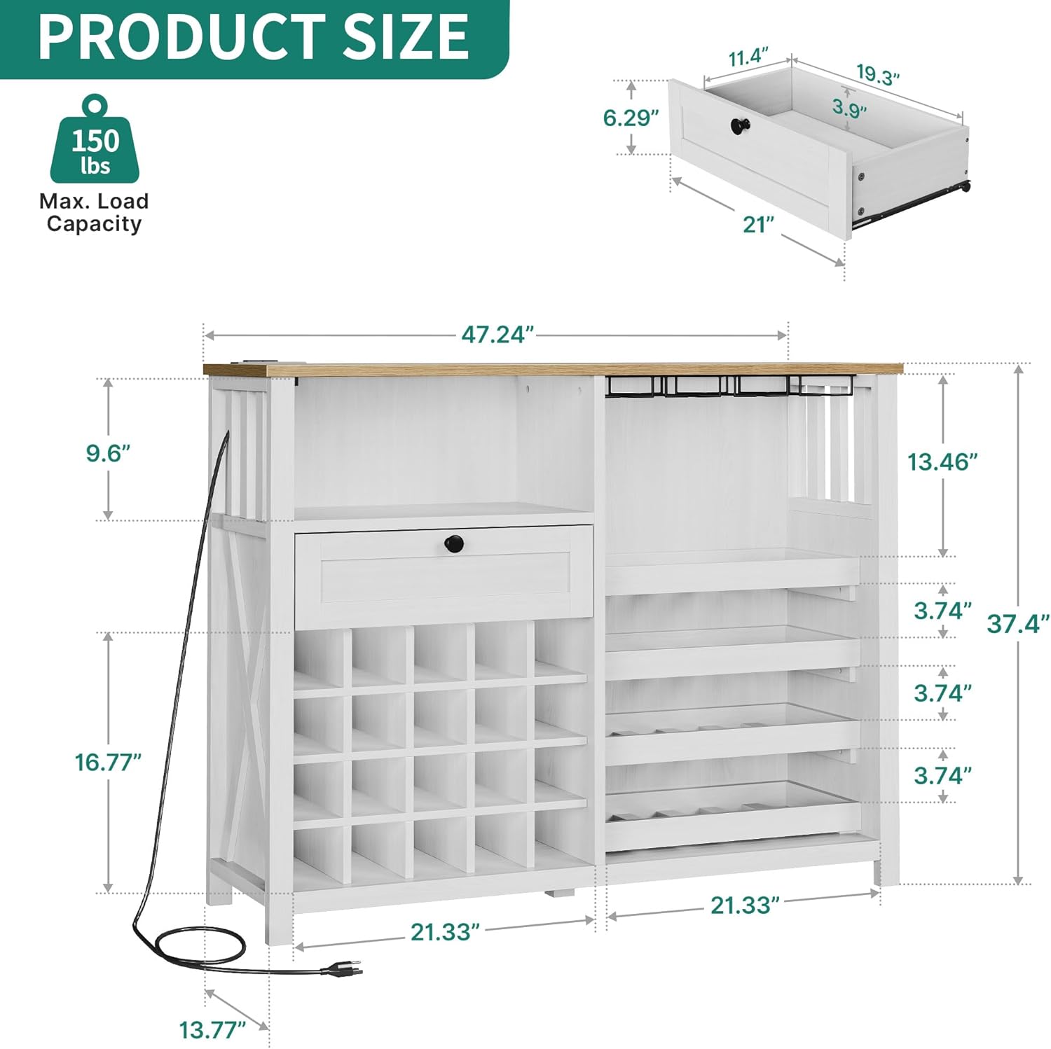 Wine Bar Cabinet with Led Light Power Outlet, Home Coffee Cabinet with Wine and Glass Rack, Kitchen Buffet Sideboard with Storage Shelves, Freestanding Liquor Cabinet for Dining Room, White - Image 2