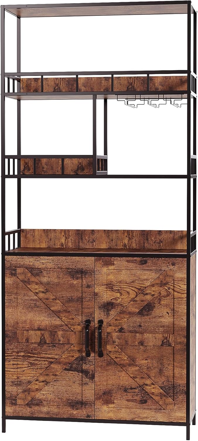 70.8" Tall Wine Rack Freestanding Floor, 4-Tier Shelves Bar Cabinet with Glasses Holder & Large Tabletop for Liquor Wine Storage, Kitchen Bakers Rack for Home Bar, Dining Room, Retro Color