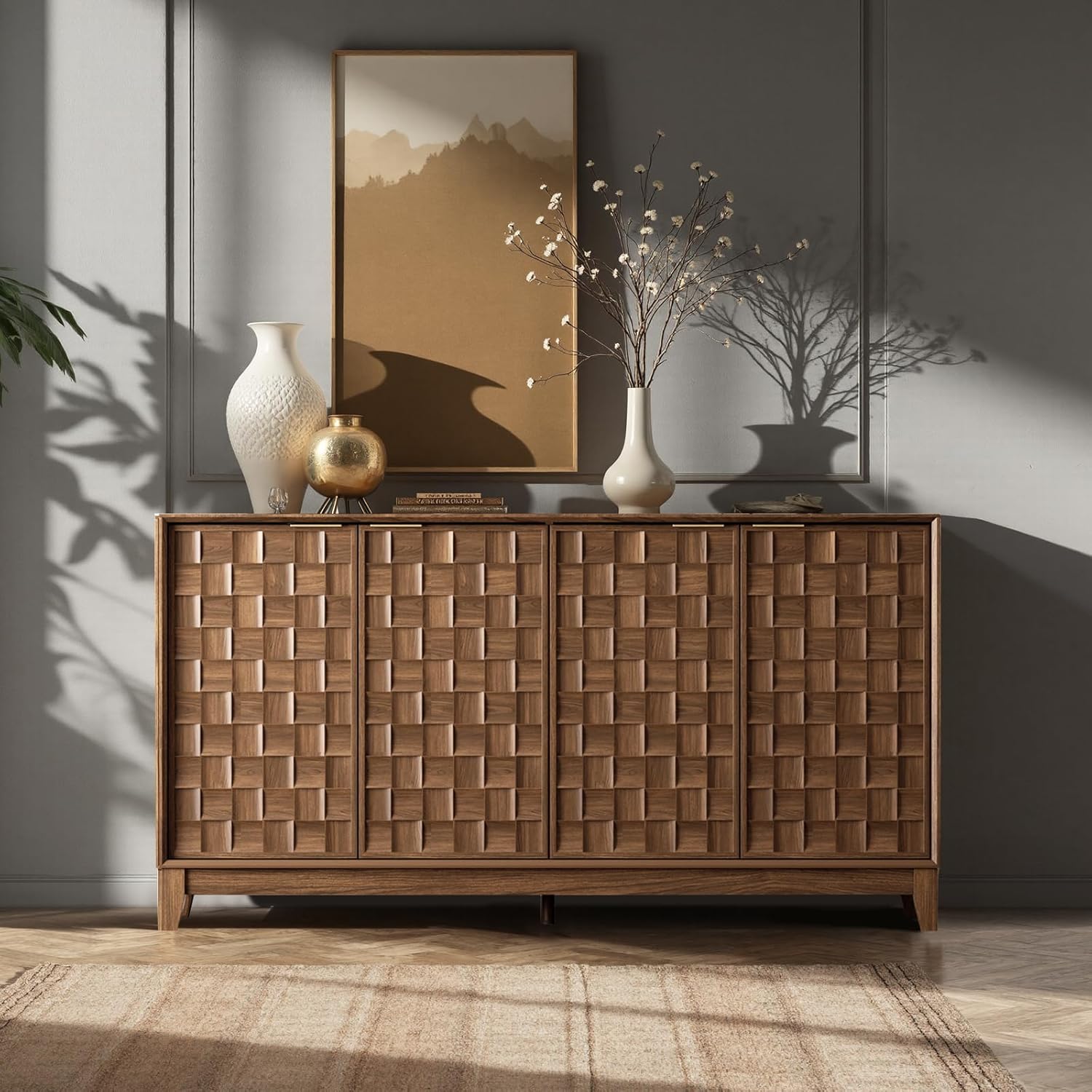 Fluted Sideboard Cabinet with Storage – Solid Wood Buffet for Dining Room, Credenza Console with Adjustable Shelves, Walnut Finish, Mid Century Modern Style,Walnut Black