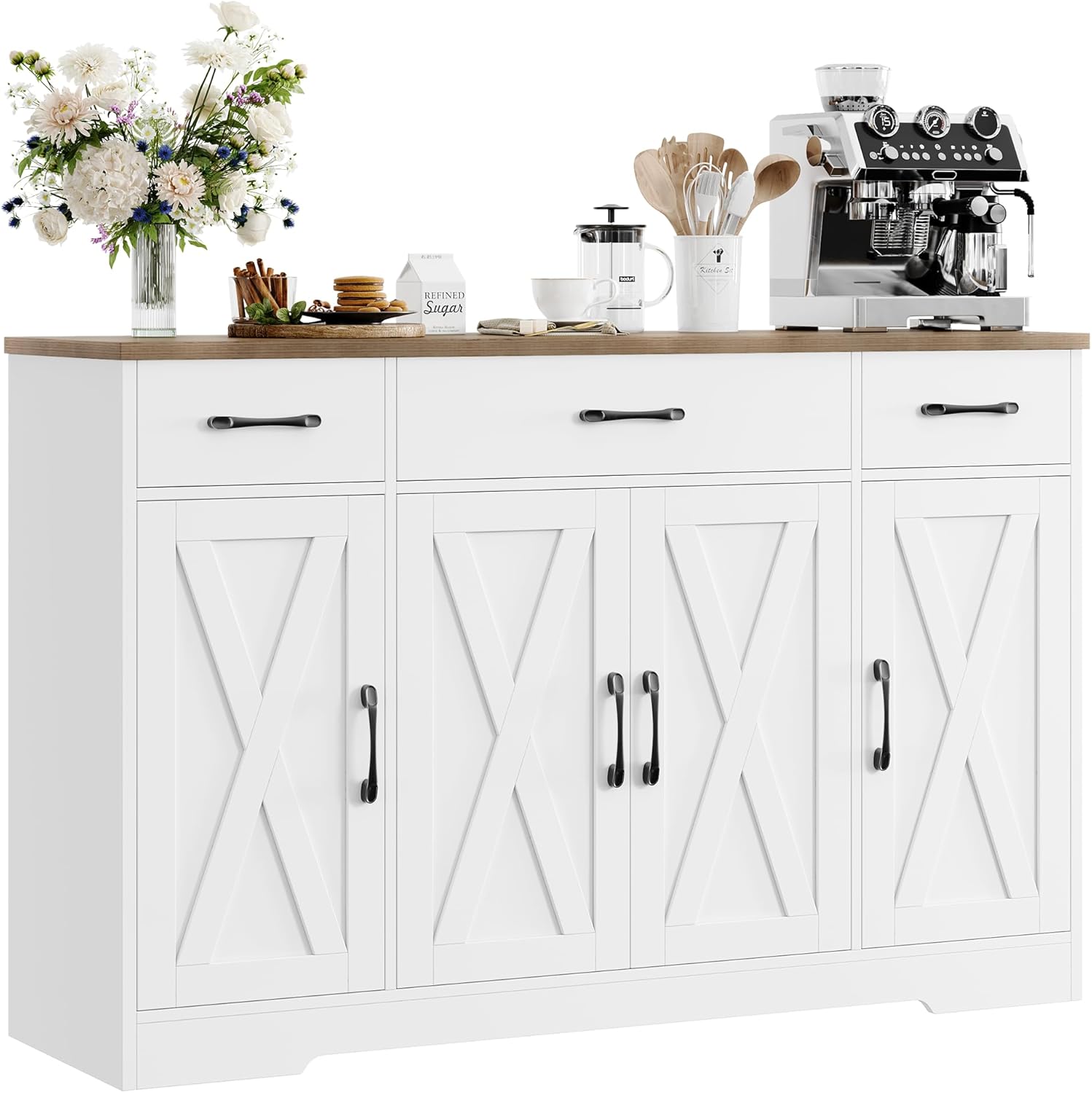 Buffet Cabinet with Drawers, 55" Large Sideboard Buffet Storage Cabinet with Shelves and Doors, Modern Farmhouse Coffee Bar Station Wood Kitchen Table for Kitchen, Dining Room, White/Rustic