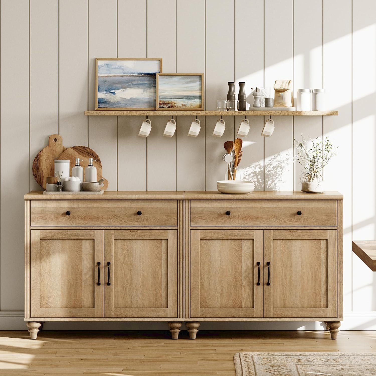 Buffet Cabinet with 4 Doors and 2 Drawers, Large Coffee Bar Table Wood Kitchen Storage Cabinets with Storage Cabinets, Modern Farmhouse Sideboard Credenza for Dining Room, Oak, 68 inch