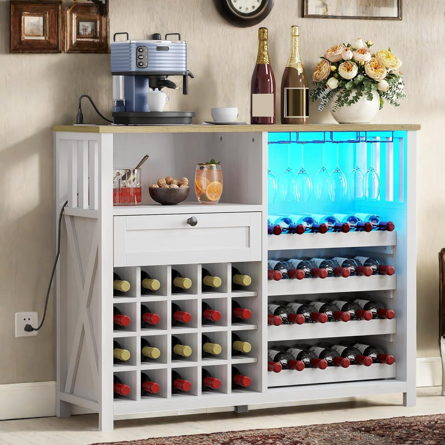 Wine Bar Cabinet with Led Light Power Outlet, Home Coffee Cabinet with Wine and Glass Rack, Kitchen Buffet Sideboard with Storage Shelves, Freestanding Liquor Cabinet for Dining Room, White