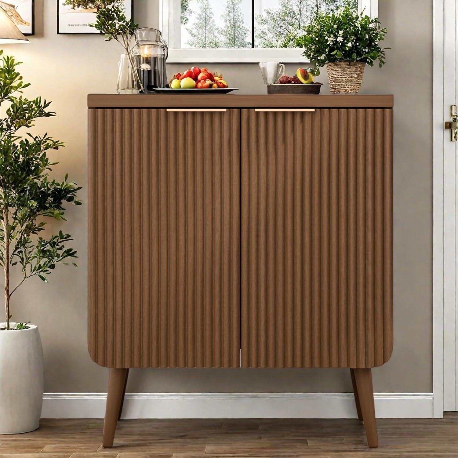 Buffet Cabinet, Sideboard Fluted Cabinet Modern Kitchen Buffet Storage Cabinets with Doors and Shelves, Wood Farmhouse Coffee Bar Station for Entryway & Dining Room & Living Room, Walnut