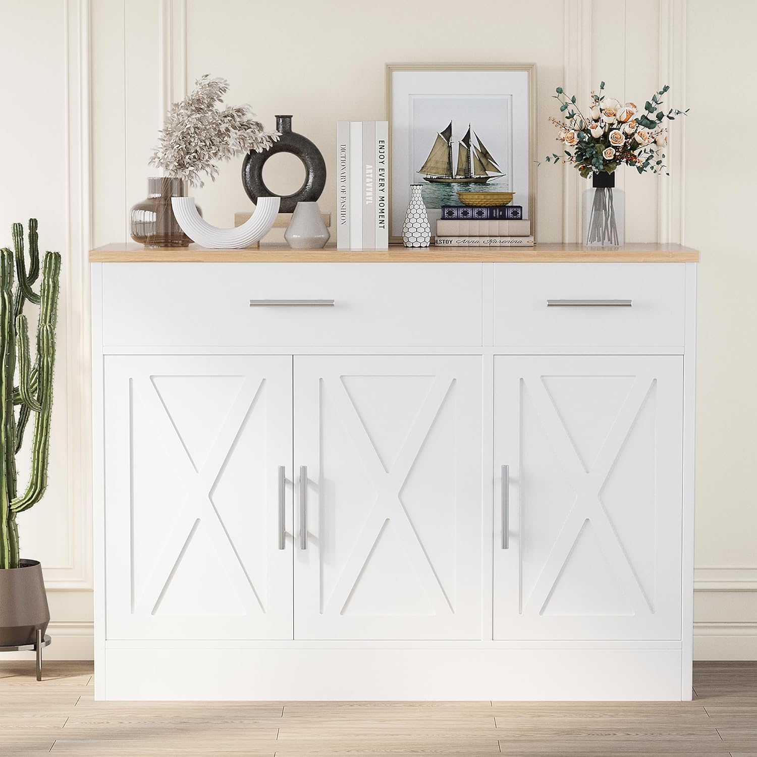Modern Farmhouse Sideboard Buffet Cabinet with Storage with 3 Doors,42" Barn Doors Buffet Cabinet with Storage, Wood Coffee Bar Cabinets with Adjustable Shelf for Kitchen Living Room,White - Image 2