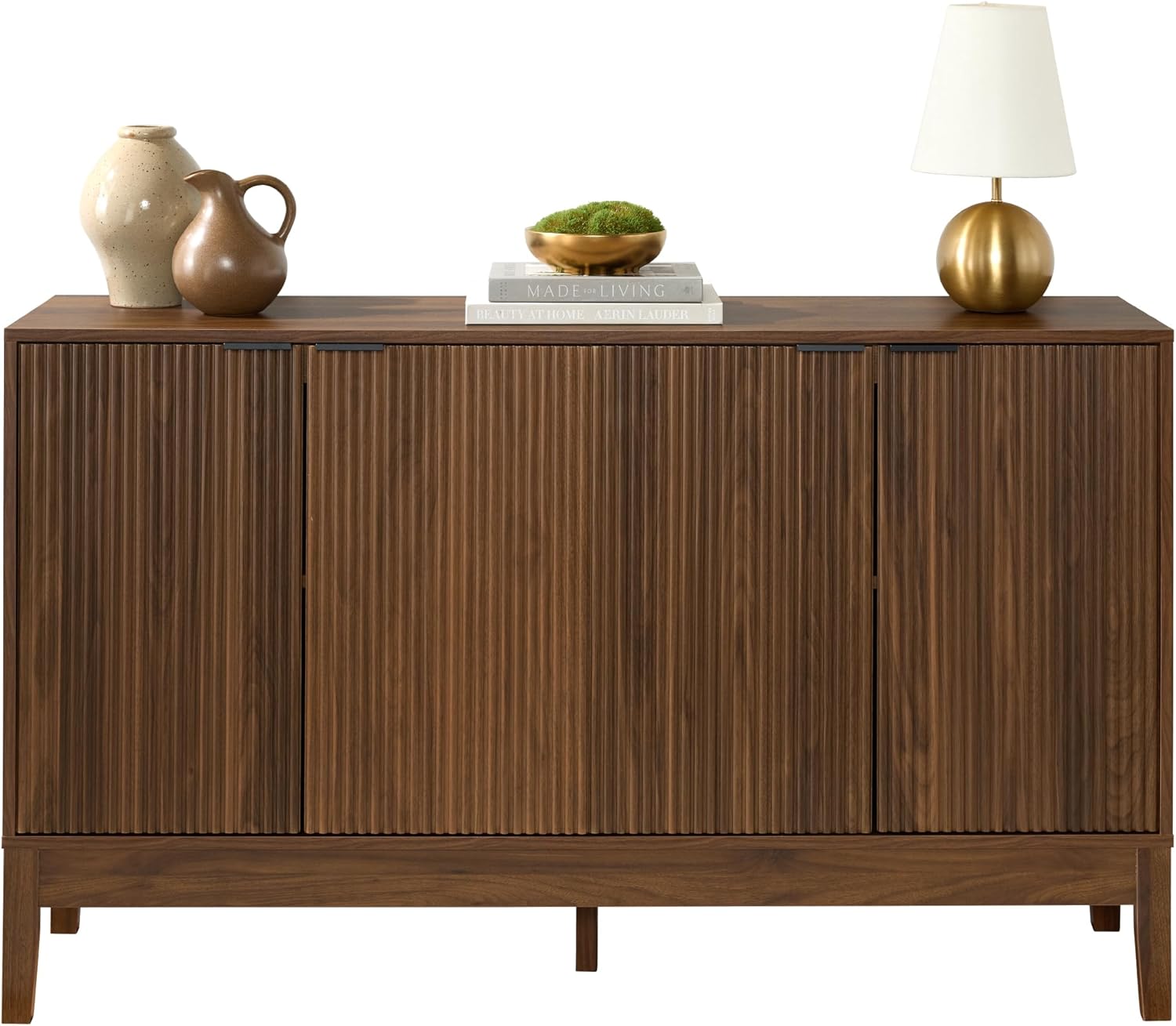 55" Modern 4-Door Sideboard Storage Cabinet, Buffet, Media Cabinet, Cupboard, Entryway Accent Table, Bookcase w/Reed Panels and Adjustable Shelves – Walnut