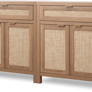 Sideboard Buffet Cabinet Set of 2, Rattan Credenza Storage Cabinet, Boho Buffet Table Console Cabinets with Drawer, Farmhouse Coffee Bar for Entryway Living Room, Natural Oak