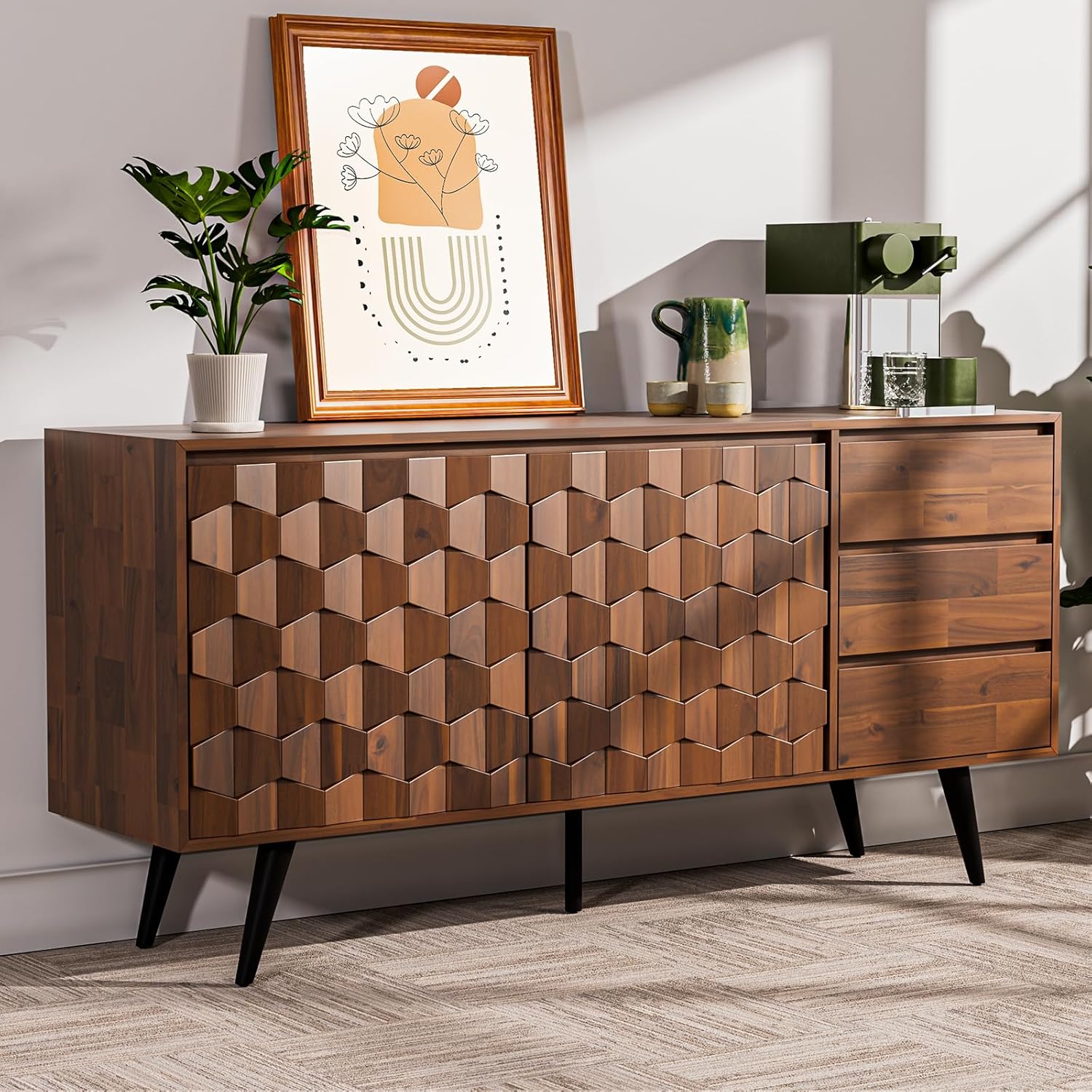 Sideboard Solid Wood 2 Doors & 3 Drawers, 61'' Mid Century Modern Cabinet with Geometric Pattern for Kitchen, Dining, Living Room