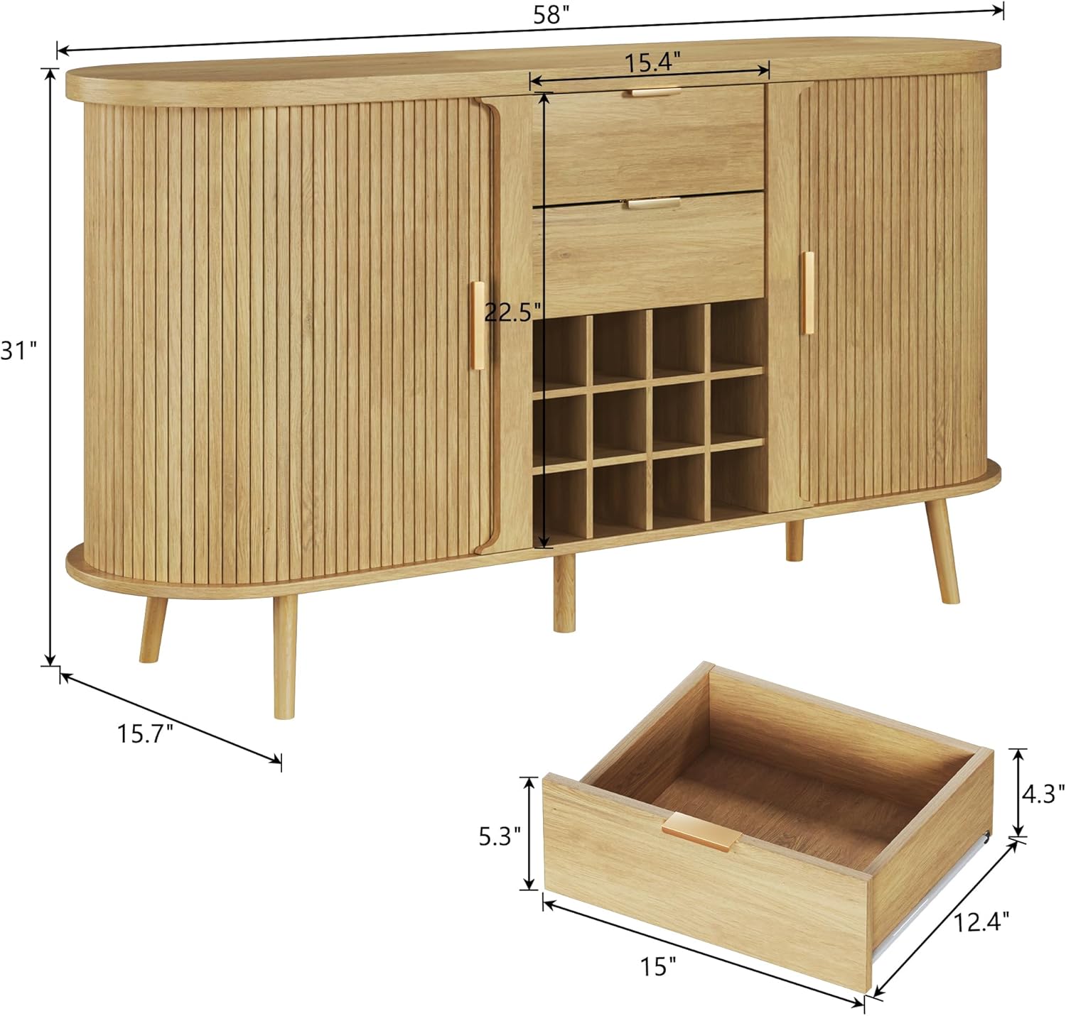 58" Buffet Cabinet with Storage, Fluted Wine Bar Cabinet with Drawers & Adjustable Shelves, Mid-Century Modern Buffet Sideboard with 12 Wine Racks for Kitchen Living Room, Natural Oak - Image 2