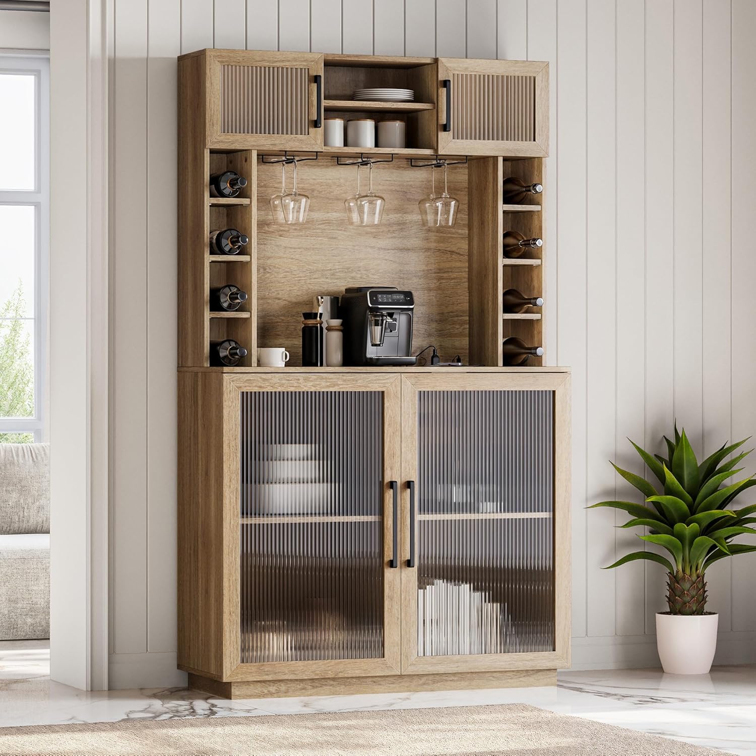 Coffee Wine Bar Cabinet with Power Outlet, 72" Rustic Liquor Cabinet, Fluted Buffet Cabinet with Storage Kitchen Pantry Cupboard Wine & Glasses Rack Server with Hutch for Dining Room - Camel