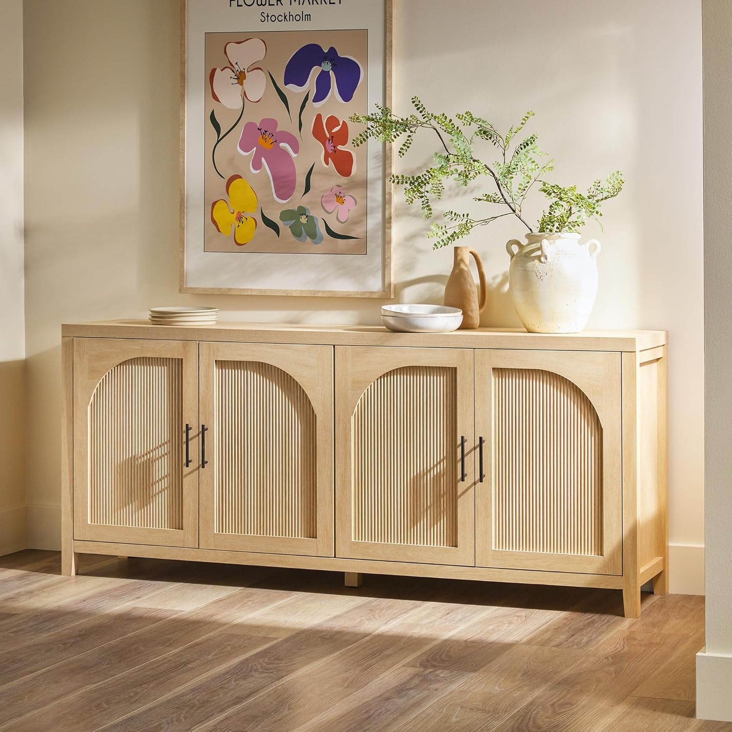 4-Door Reeded Sideboard Buffet with Cord Management, 70 Inch, Coastal Oak - Image 2