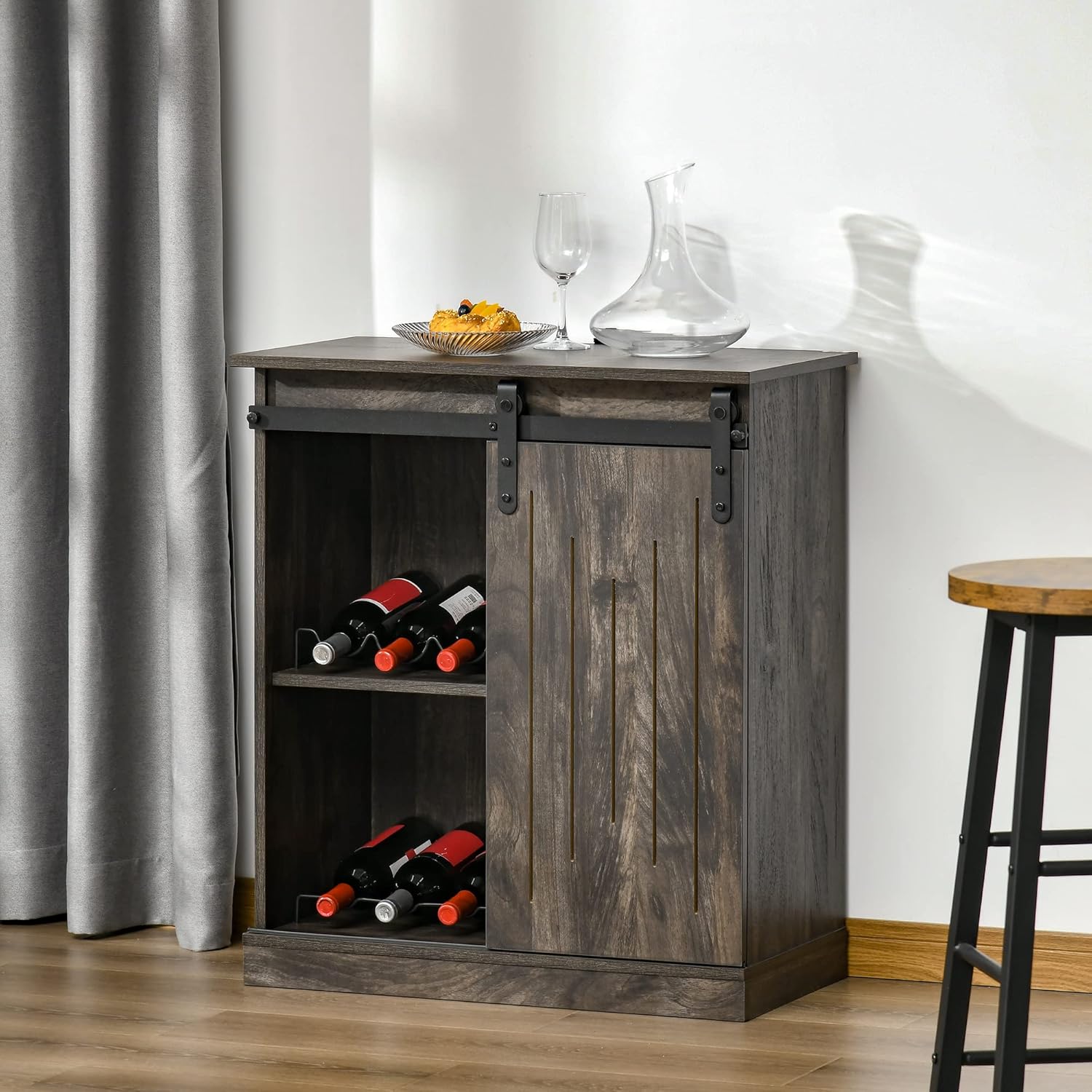 Industrial Wine Cabinet, Sideboard Storage Cabinet, Serving Bar Buffet with Sliding Barn Door and 6-Bottle Wine Rack, Gray - Image 2