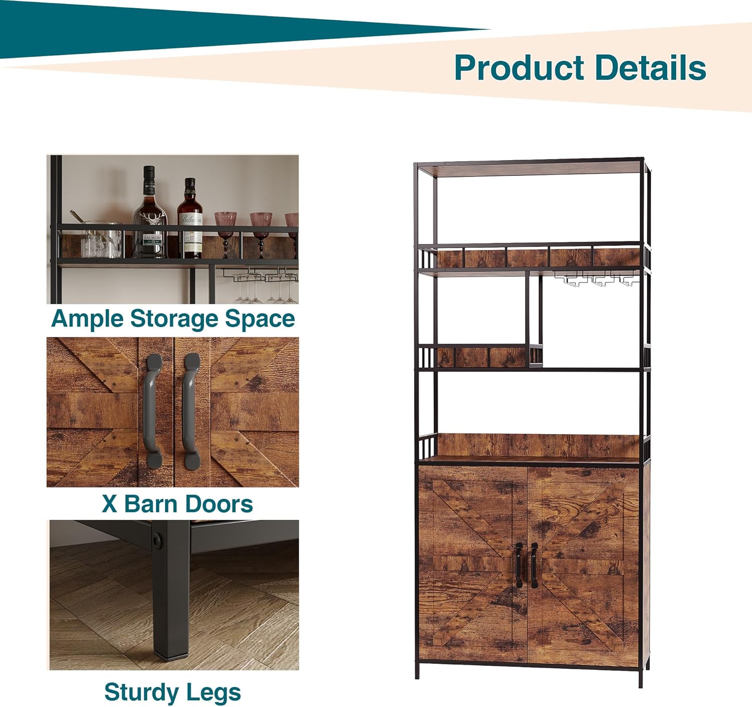 70.8" Tall Wine Rack Freestanding Floor, 4-Tier Shelves Bar Cabinet with Glasses Holder & Large Tabletop for Liquor Wine Storage, Kitchen Bakers Rack for Home Bar, Dining Room, Retro Color - Image 2