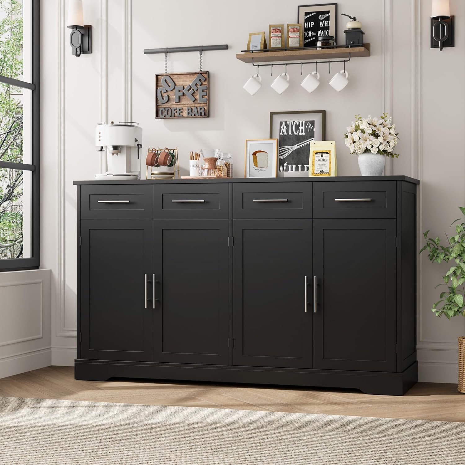 60" Large Buffet Sideboard with Storage, 36" Tall Kitchen Buffet Storage Cabinet with 4 Drawer, Modern Coffee Bar Cabinet with Silver Handle, Long Sideboard Buffet Table for Kitchen, Black - Image 2