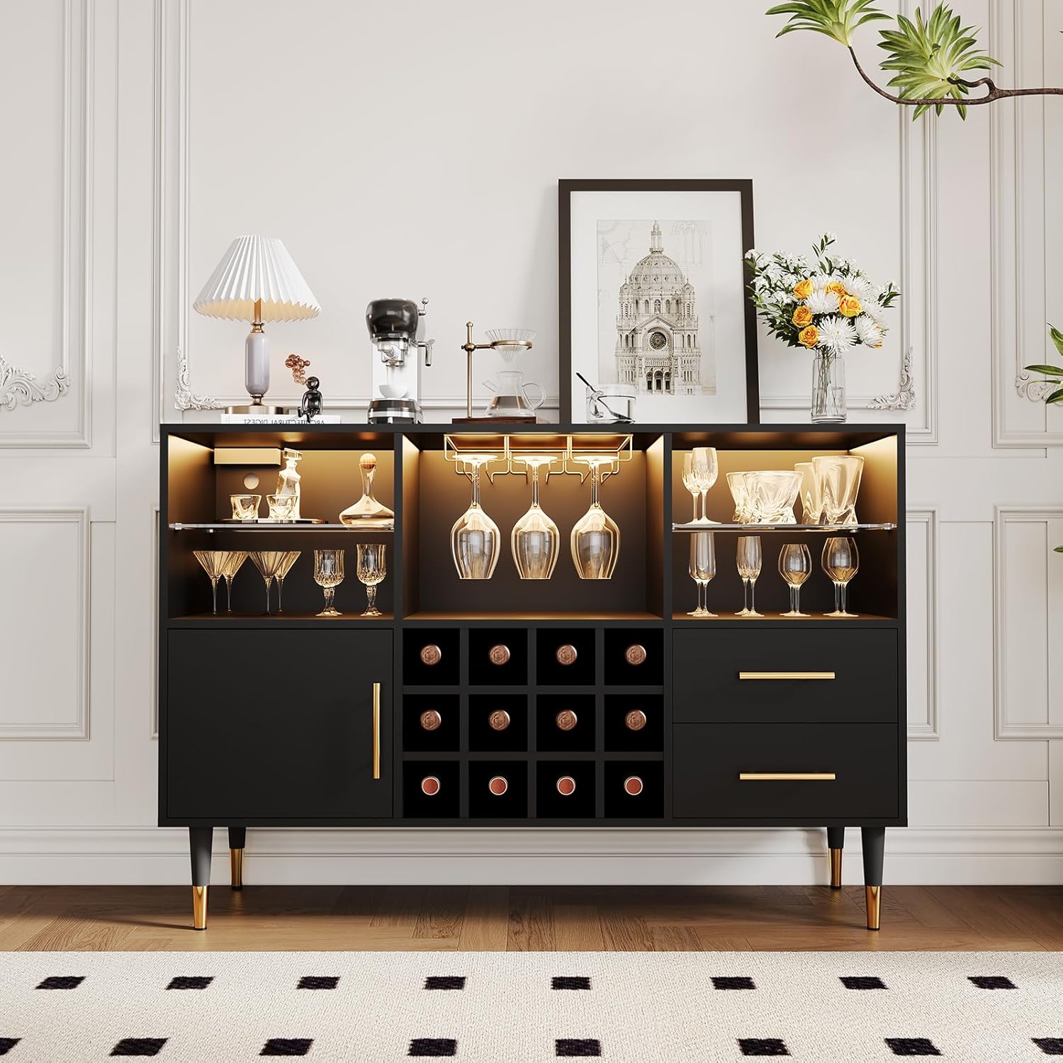 Wine Bar Cabinet with Storage, 47'' Home Coffee Bar Liquor Cabinet with Wine Rack & Glass Holder & LED Light, Kitchen Buffet Sideboard for Living Room, Dining Room