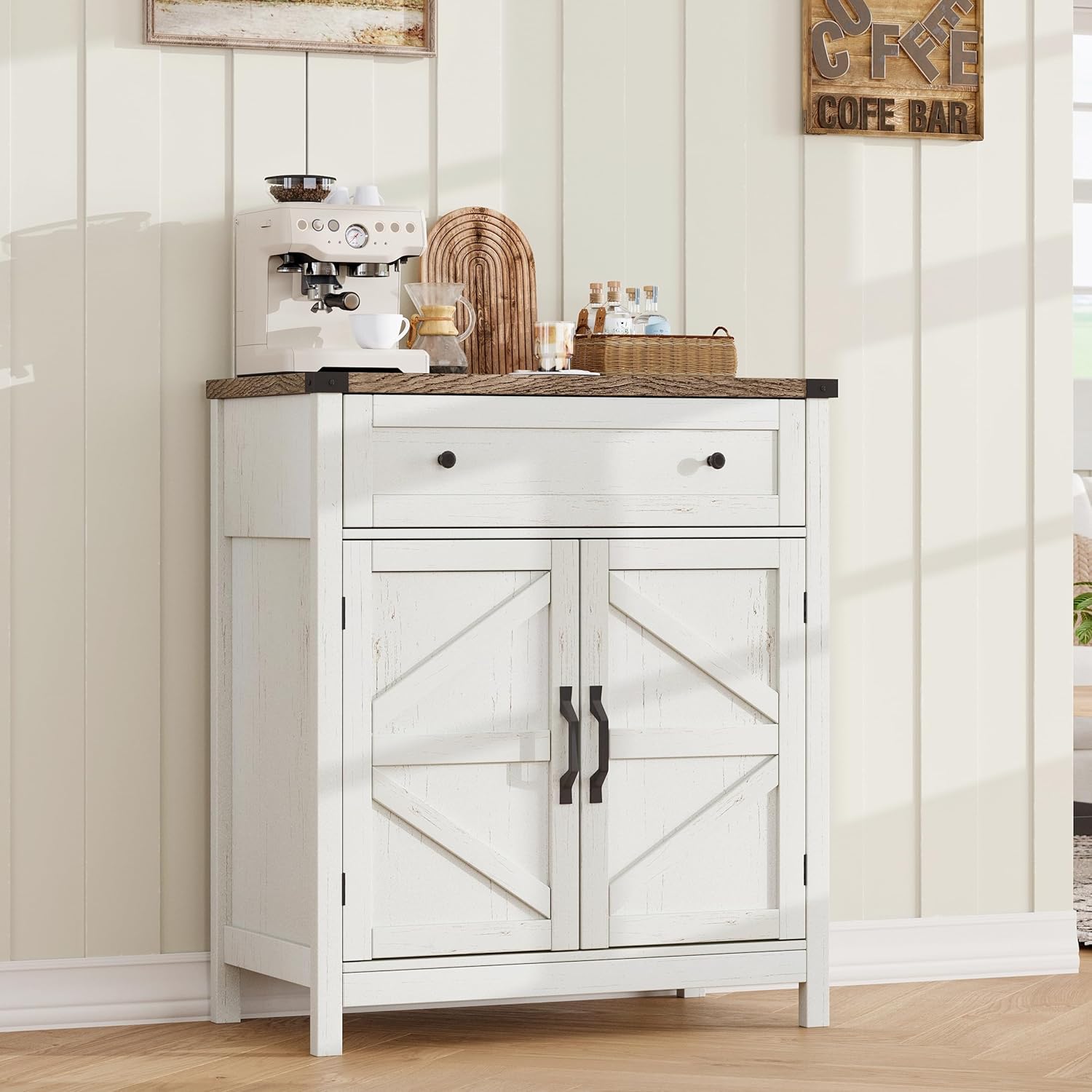 Kitchen Storage Cabinet, Coffee Bar Cabinet, Farmhouse Buffet Sideboard with Drawer for Kitchen, Living Room, White